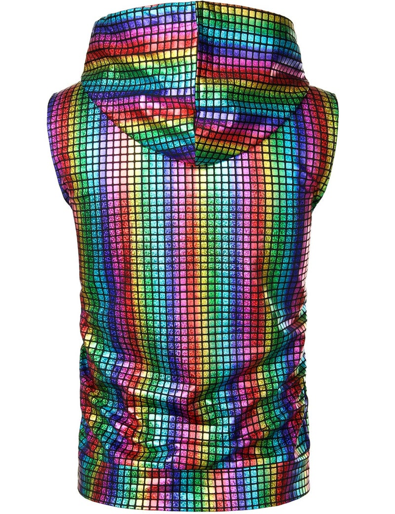 ZEROYAA Mens Hipster Metallic Sequins Zip Up Sleeveless Hooded Vest T Shirt with Kangaroo Pocket ZLSV17 Multicolour Medium - Image 2